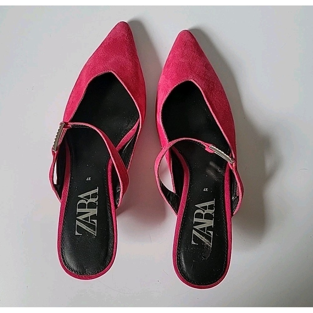 Zara Kitten Heel Point Toe Mules 7 Fuschia Pink Suede Chic Effortless Feminine - Picture 4 of 12